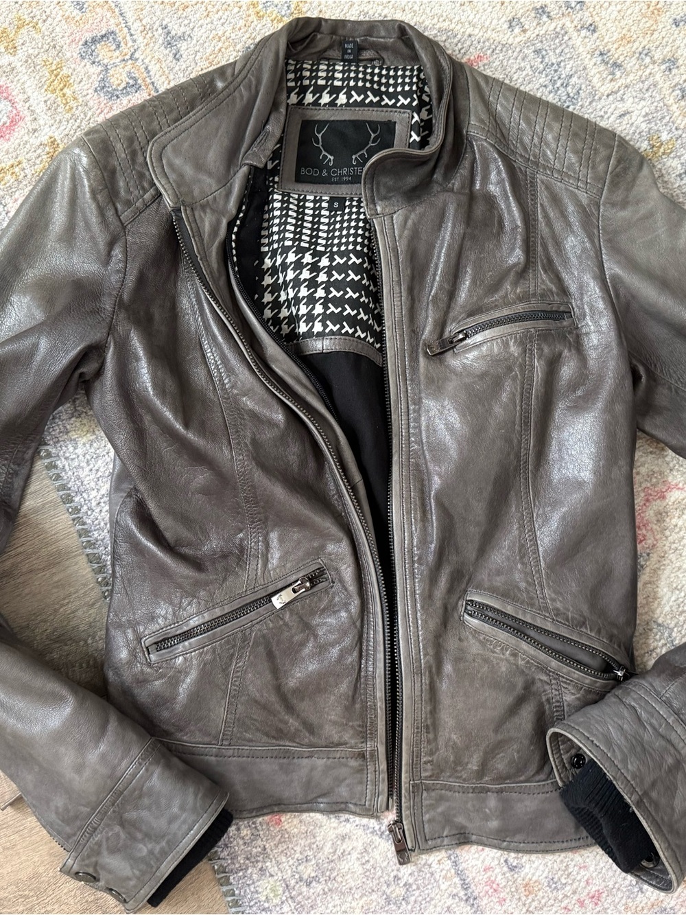 Women's Grey Leather Zip Moto Jacket